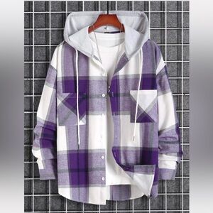 Men Plaid Drawstring Hooded Shirt